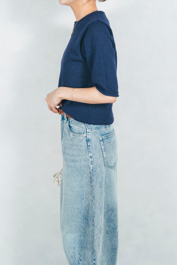 ［予約］スラブカールデザインニットT (NAVY)