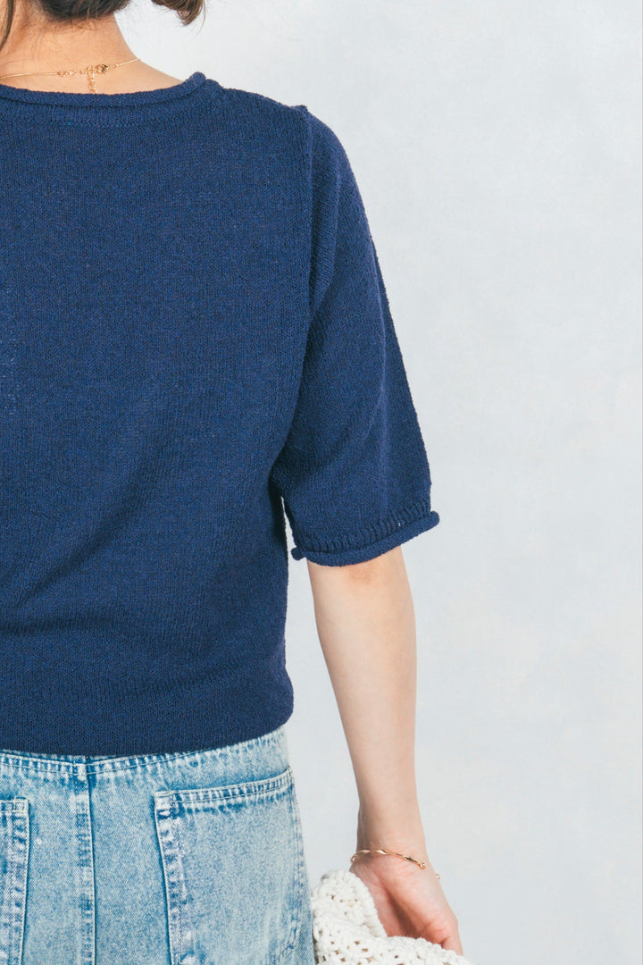 ［予約］スラブカールデザインニットT (NAVY)