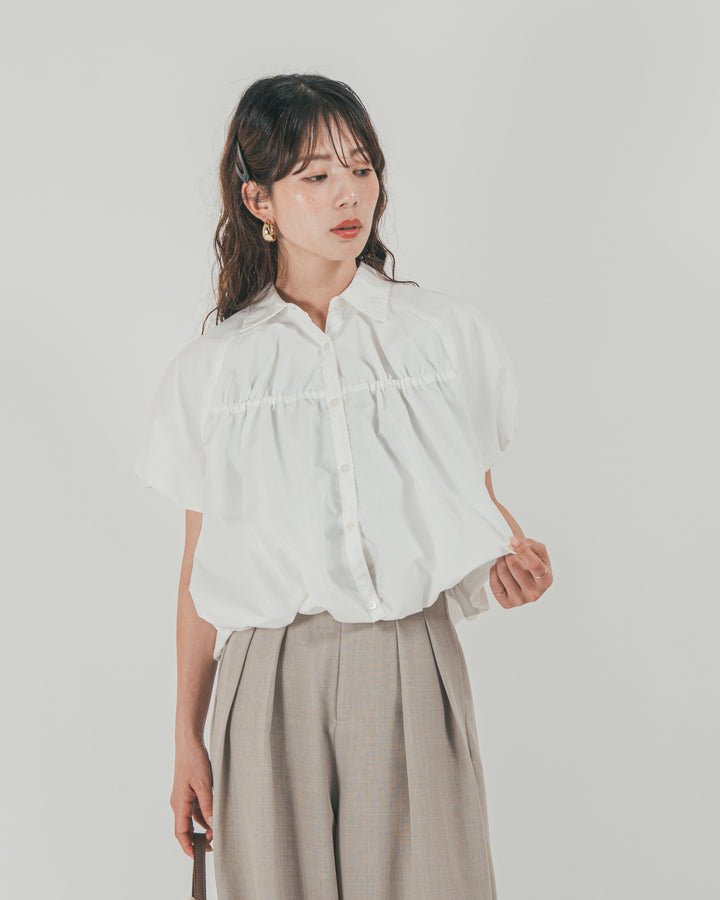 ［SET］バルーンShirringハーフスリーブシャツ + スラブTweedタックワイドパンツ（2SET）