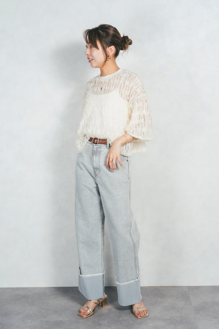 ［SET］シアーフリンジトップス+アジャストロールアップストレートデニム+すっきり見えカップ付きキャミ(3SET)