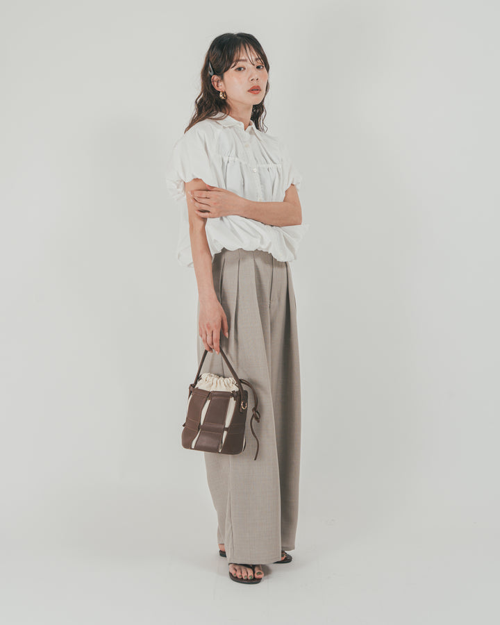 ［SET］バルーンShirringハーフスリーブシャツ + スラブTweedタックワイドパンツ（2SET）