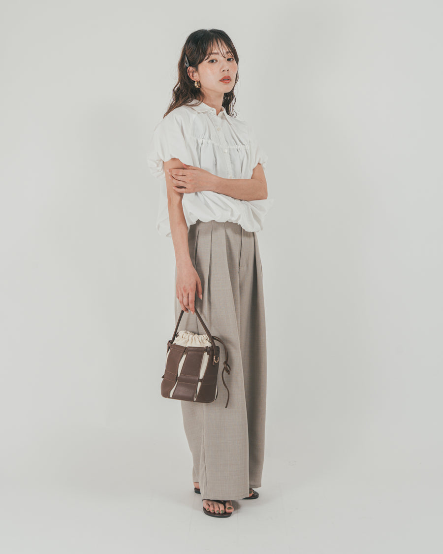 ［SET］バルーンShirringハーフスリーブシャツ + スラブTweedタックワイドパンツ（2SET）