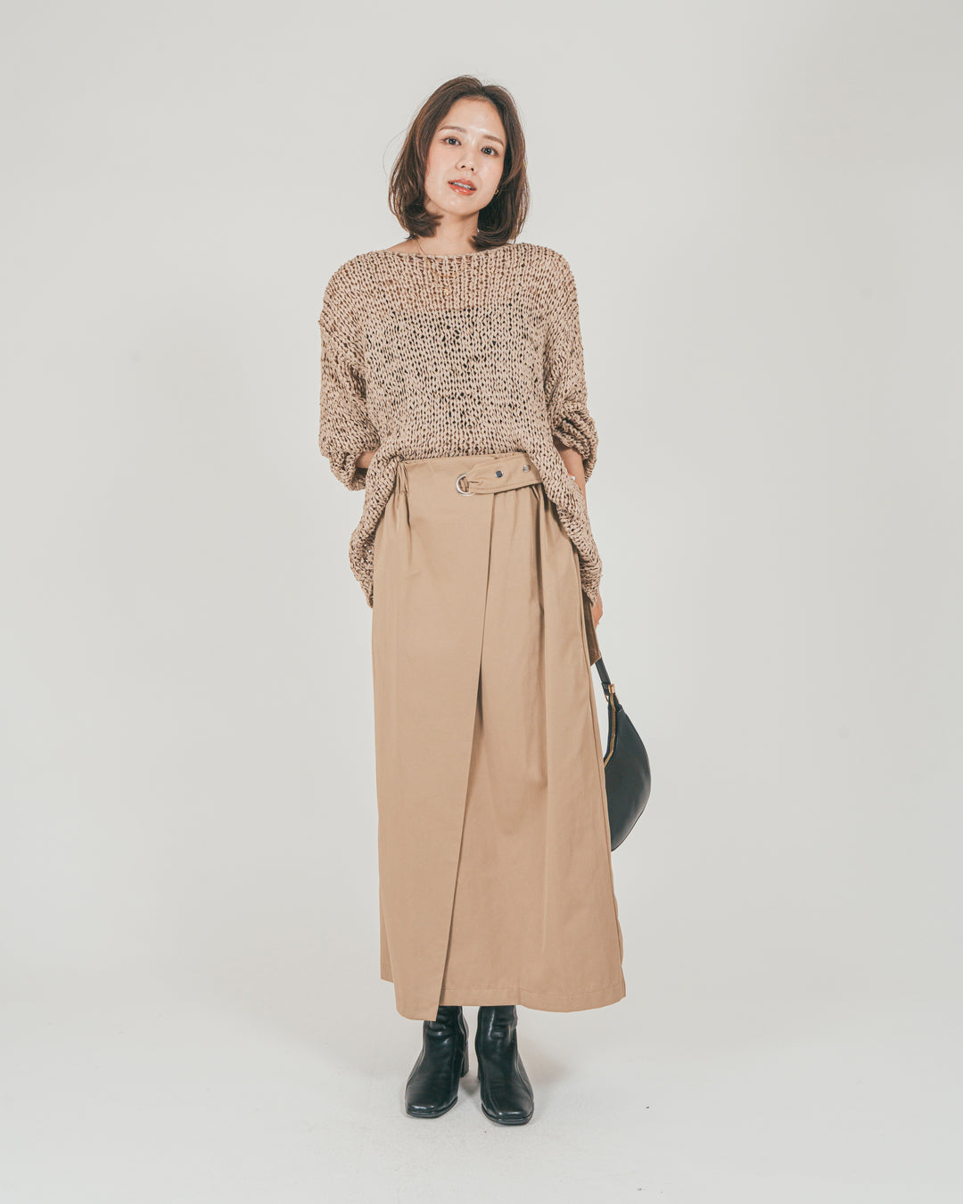 ［SET］エアリールーズオーバーニット + 【防シワ】サイドベルト ラップマキシスカート（2SET）