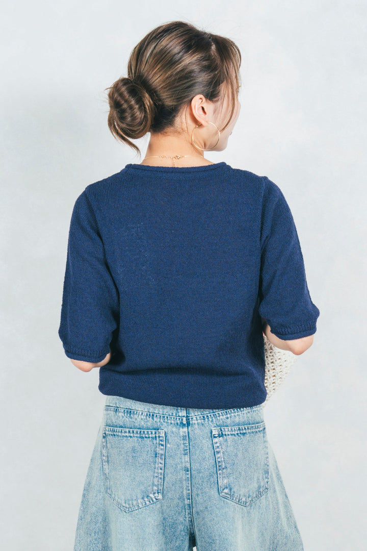 ［予約］スラブカールデザインニットT (NAVY)