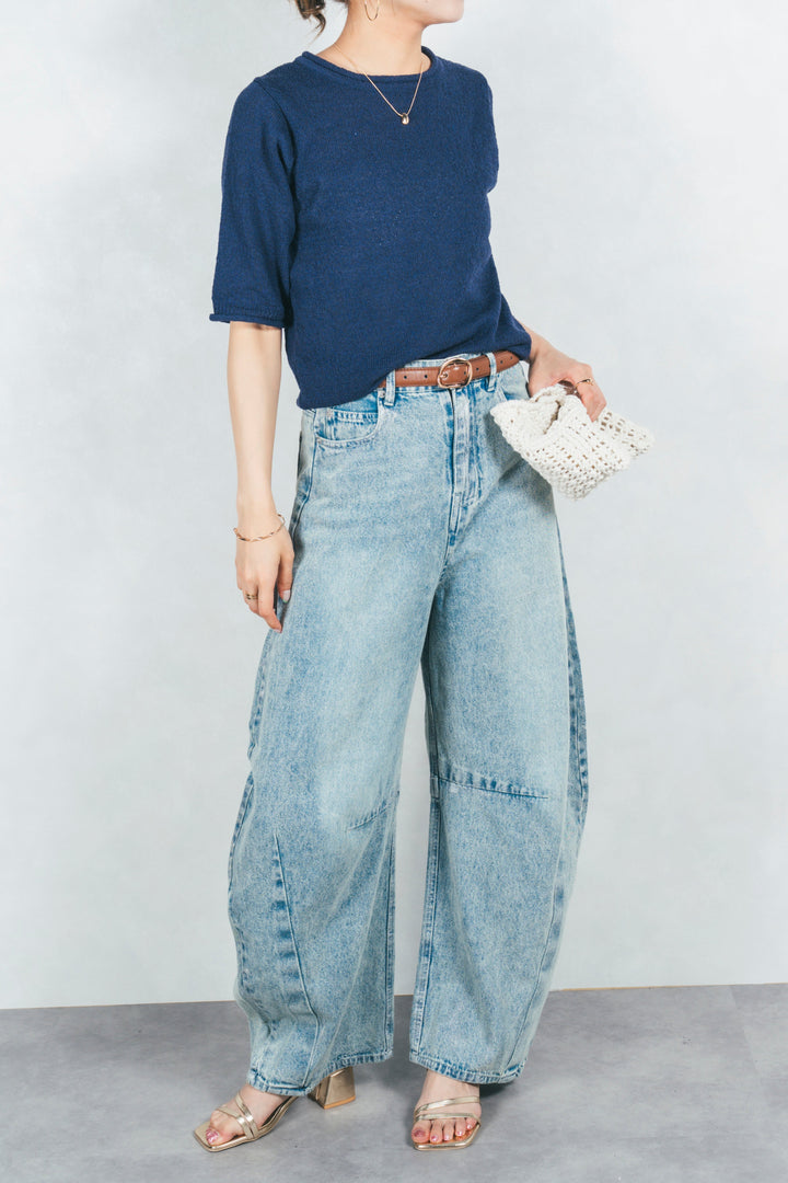 ［予約］スラブカールデザインニットT (NAVY)