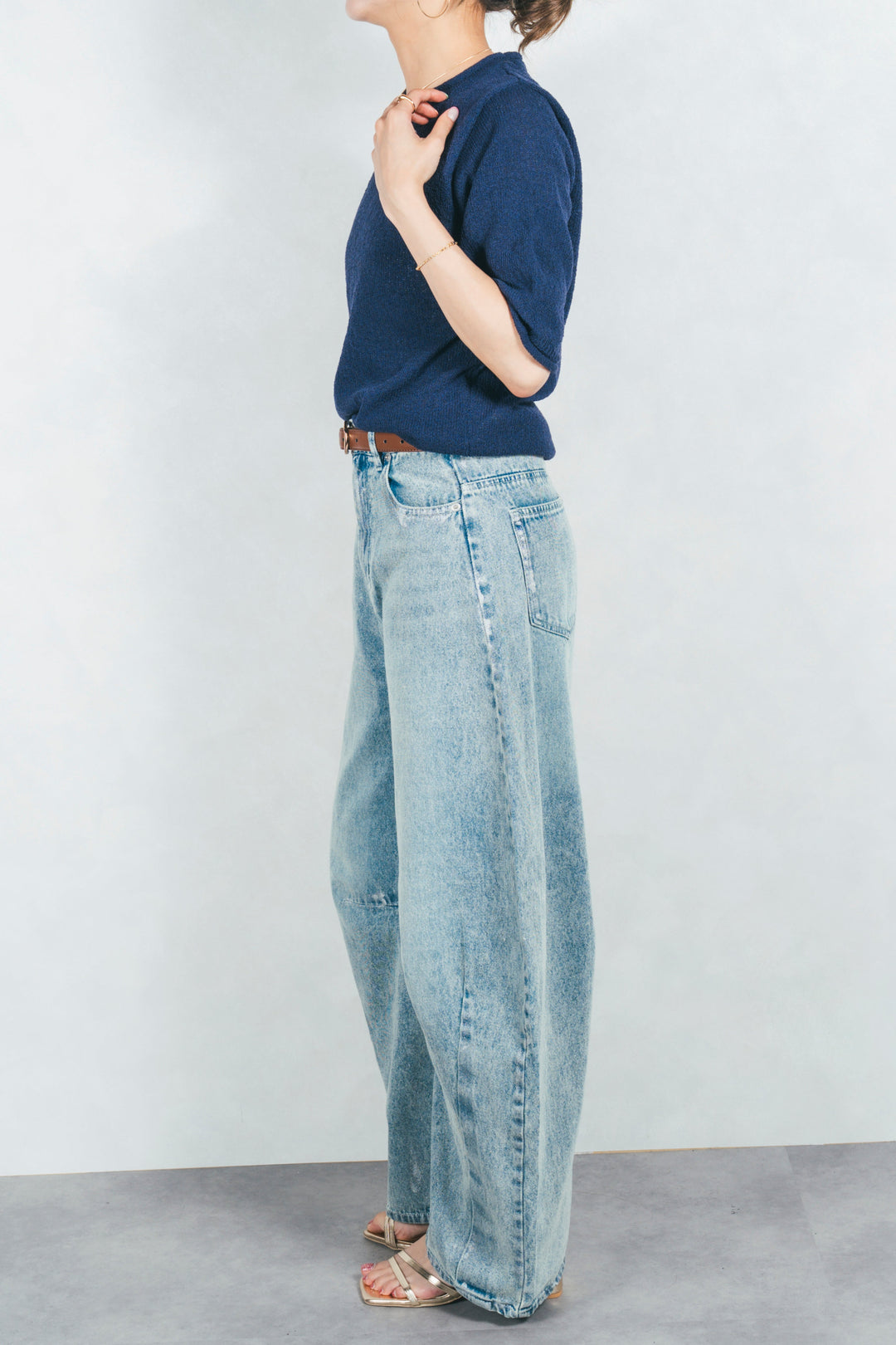 ［予約］スラブカールデザインニットT (NAVY)