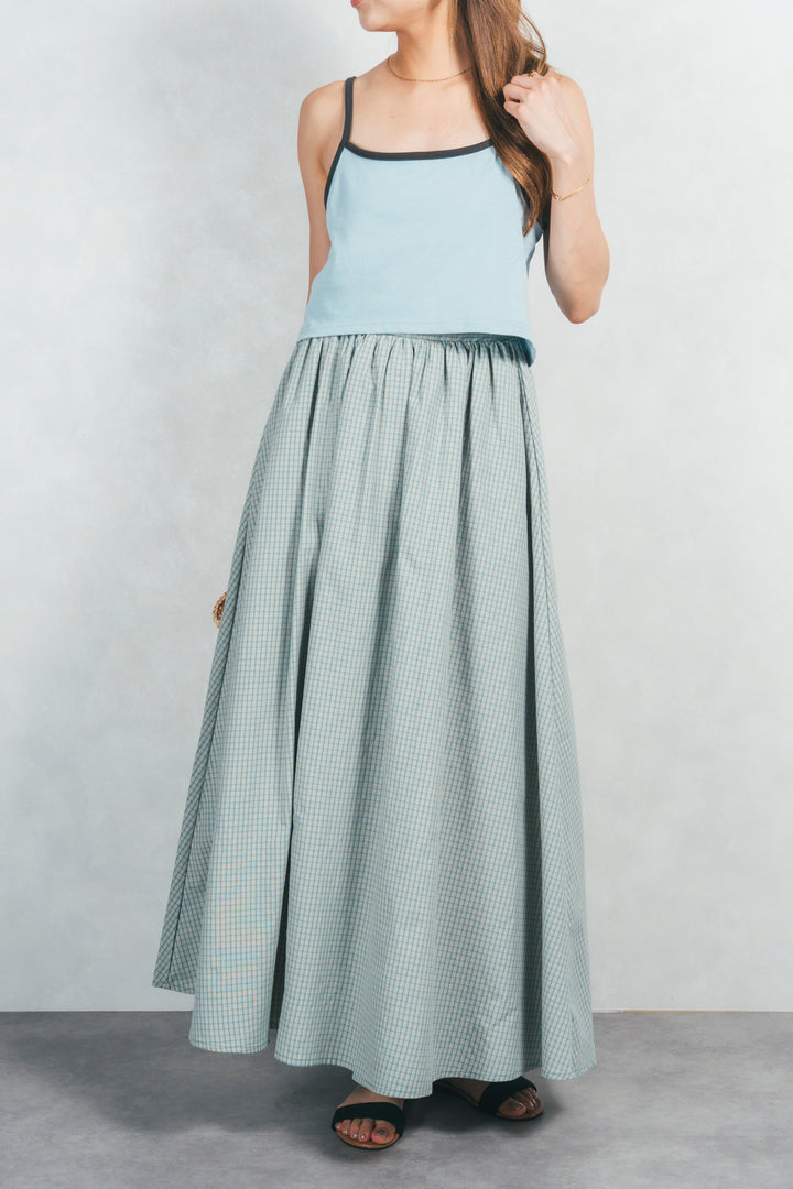 ［SET］キャミ付きリンガーTシャツ+チェックギャザーマキシスカート（2SET）