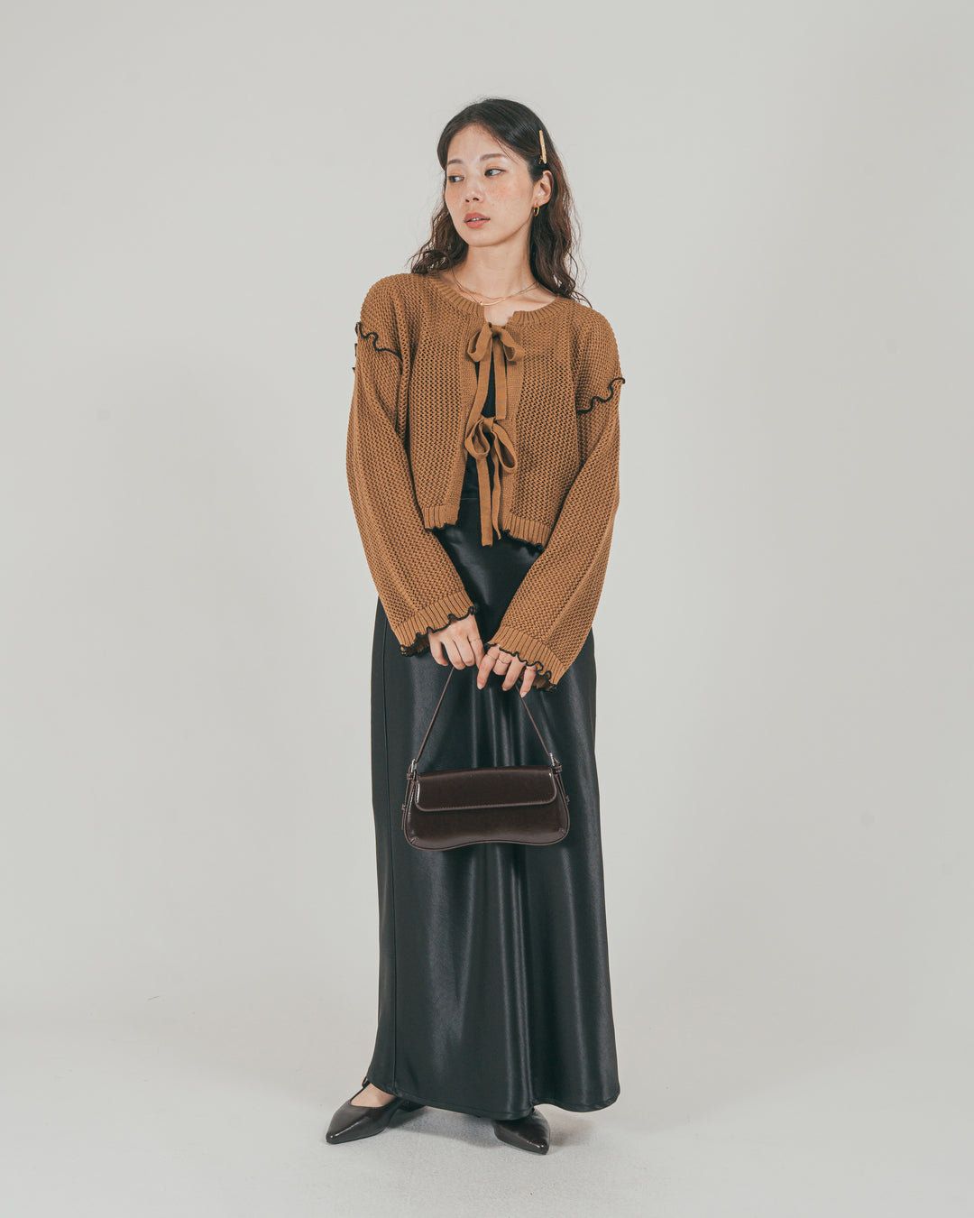 フロントリボン メッシュニットカーデ