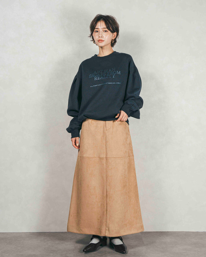 ［SET］裏起毛フロッキーLogoスウェット+スウェードライクロングスカート（2SET）