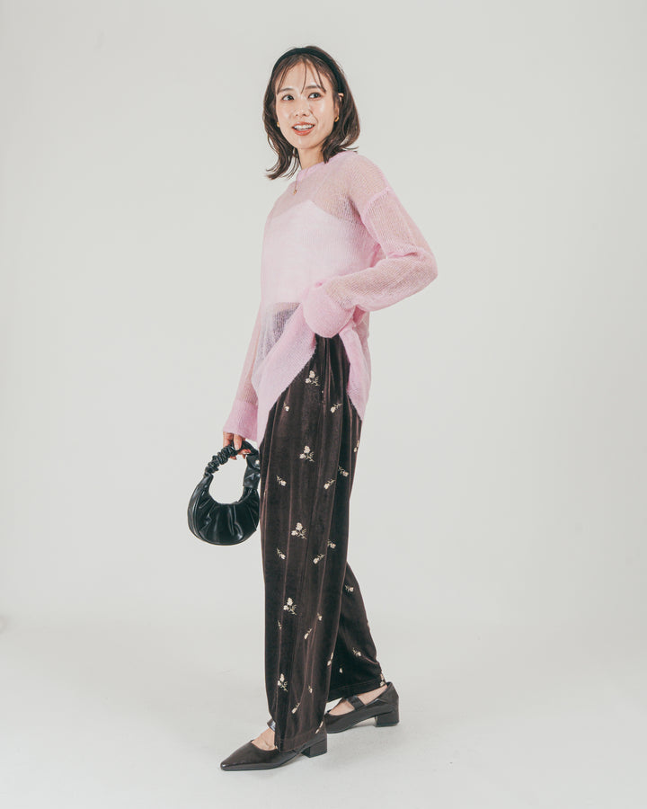 ［SET］モヘアTouchローゲージカラーニット + Flower刺繍 ベロアパンツ（2SET）