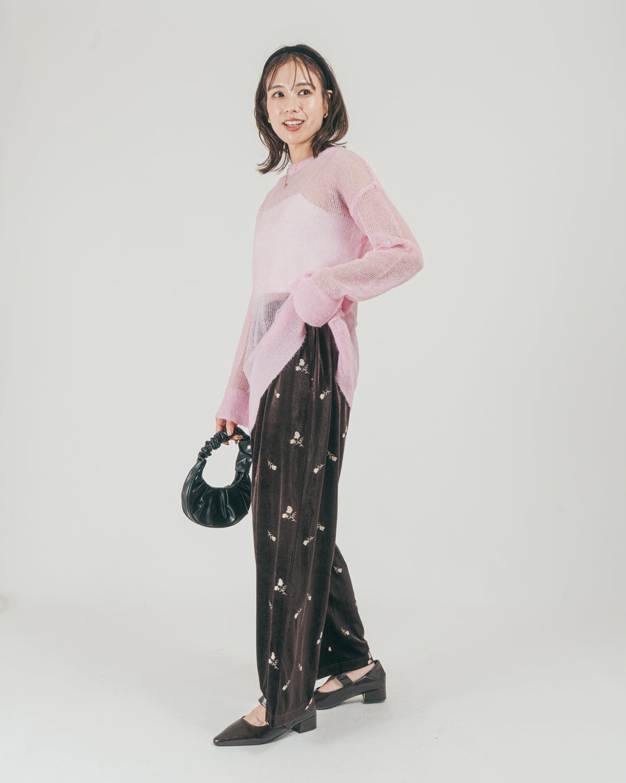 ［SET］モヘアTouchローゲージカラーニット + Flower刺繍 ベロアパンツ（2SET）