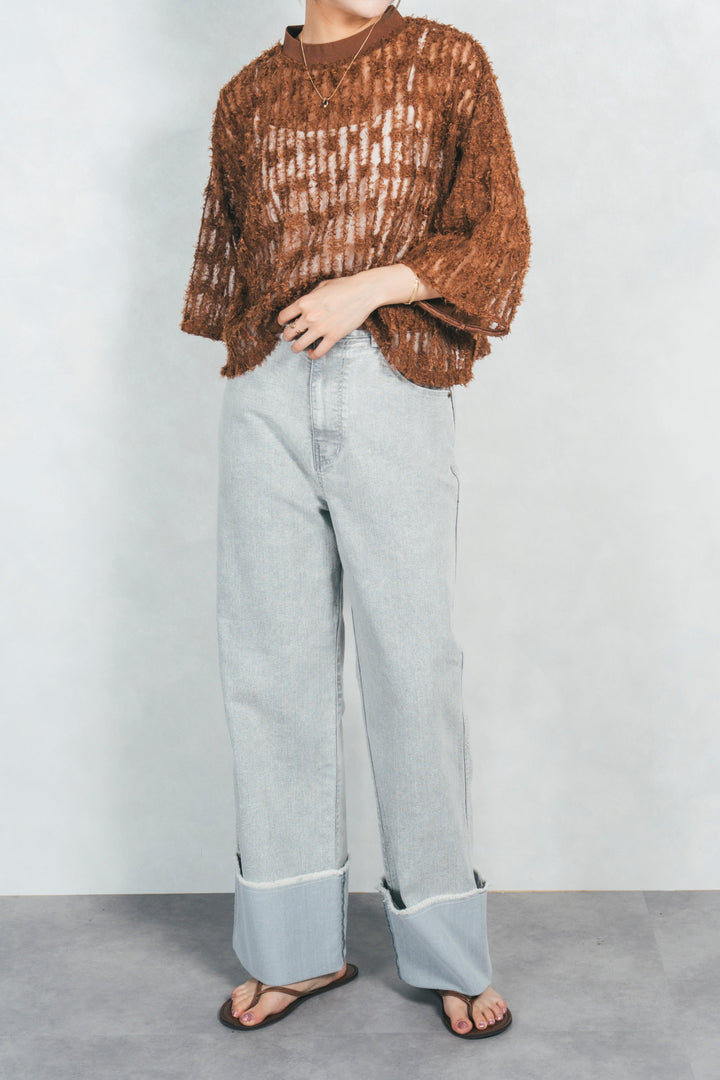 ［SET］シアーフリンジトップス+アジャストロールアップストレートデニム+すっきり見えカップ付きキャミ(3SET)