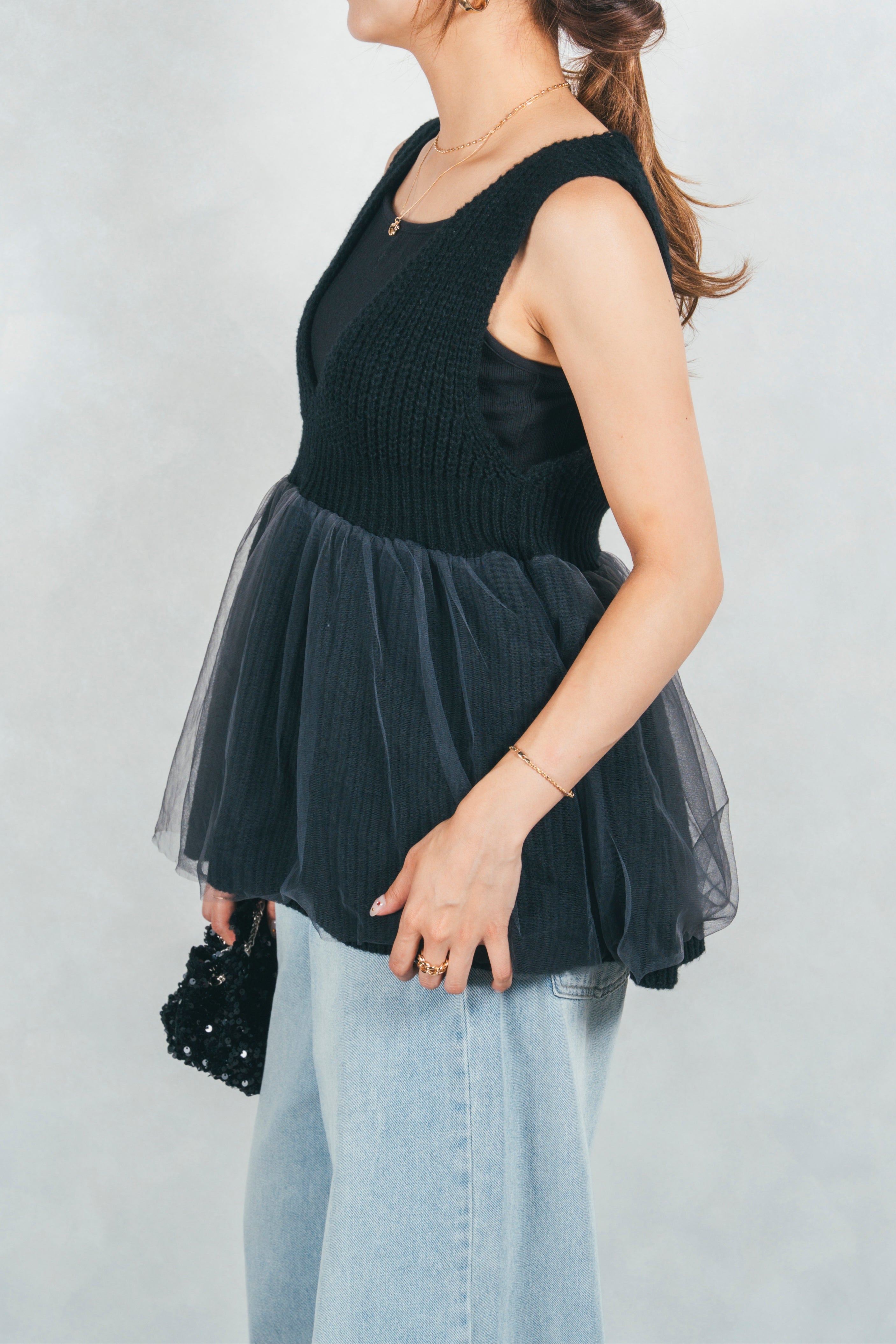 3点おまとめ▲デニムブラウス・ツイードベスト・ニット ツイードニットベスト＋シャツブラウスセット（シャツ