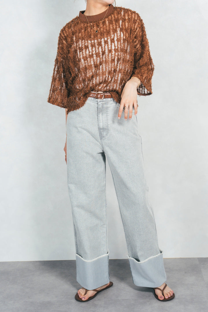 ［SET］シアーフリンジトップス+アジャストロールアップストレートデニム+すっきり見えカップ付きキャミ(3SET)