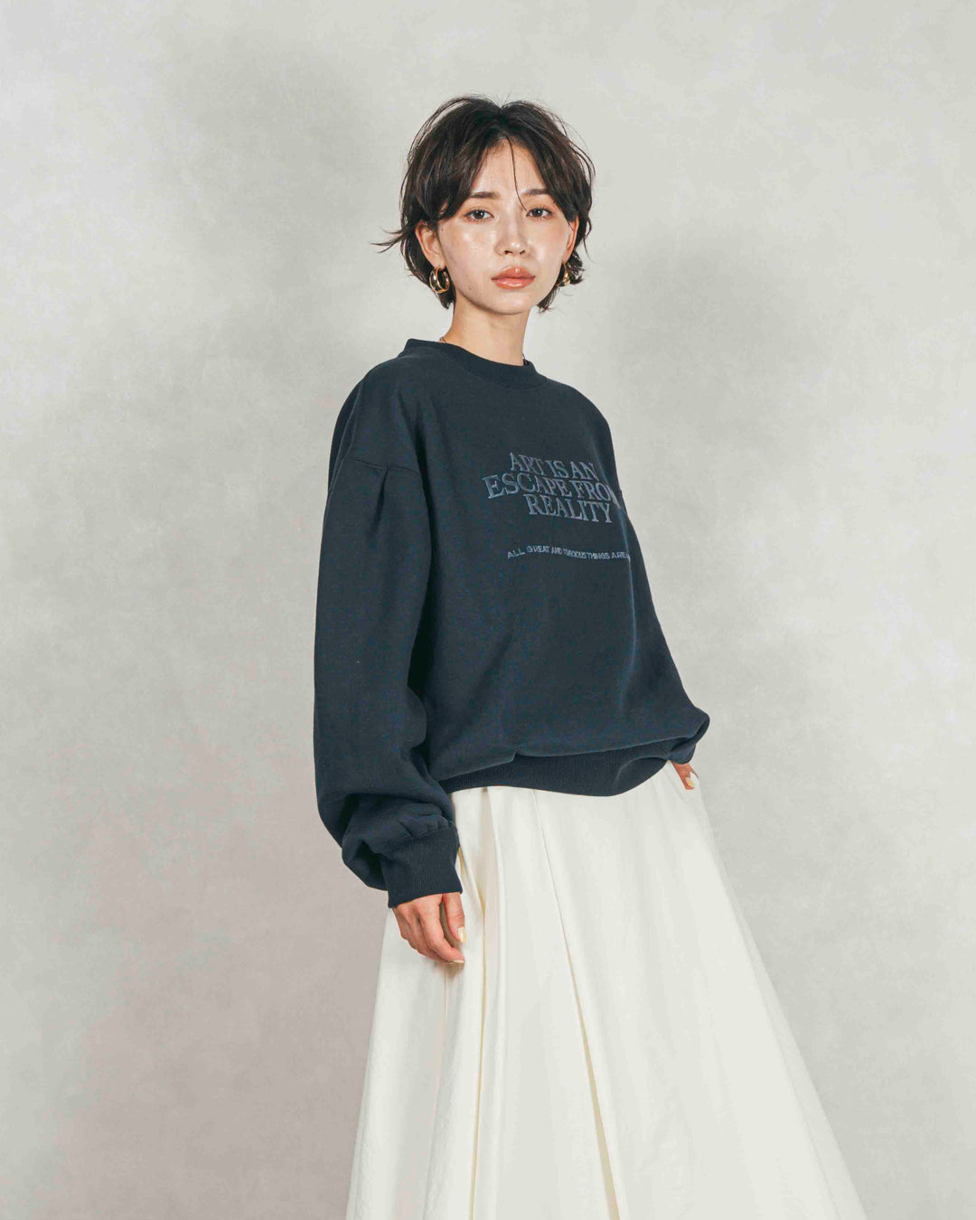 ［SET］裏起毛フロッキーLogoスウェット+アシメFlareタックスカート（2SET）