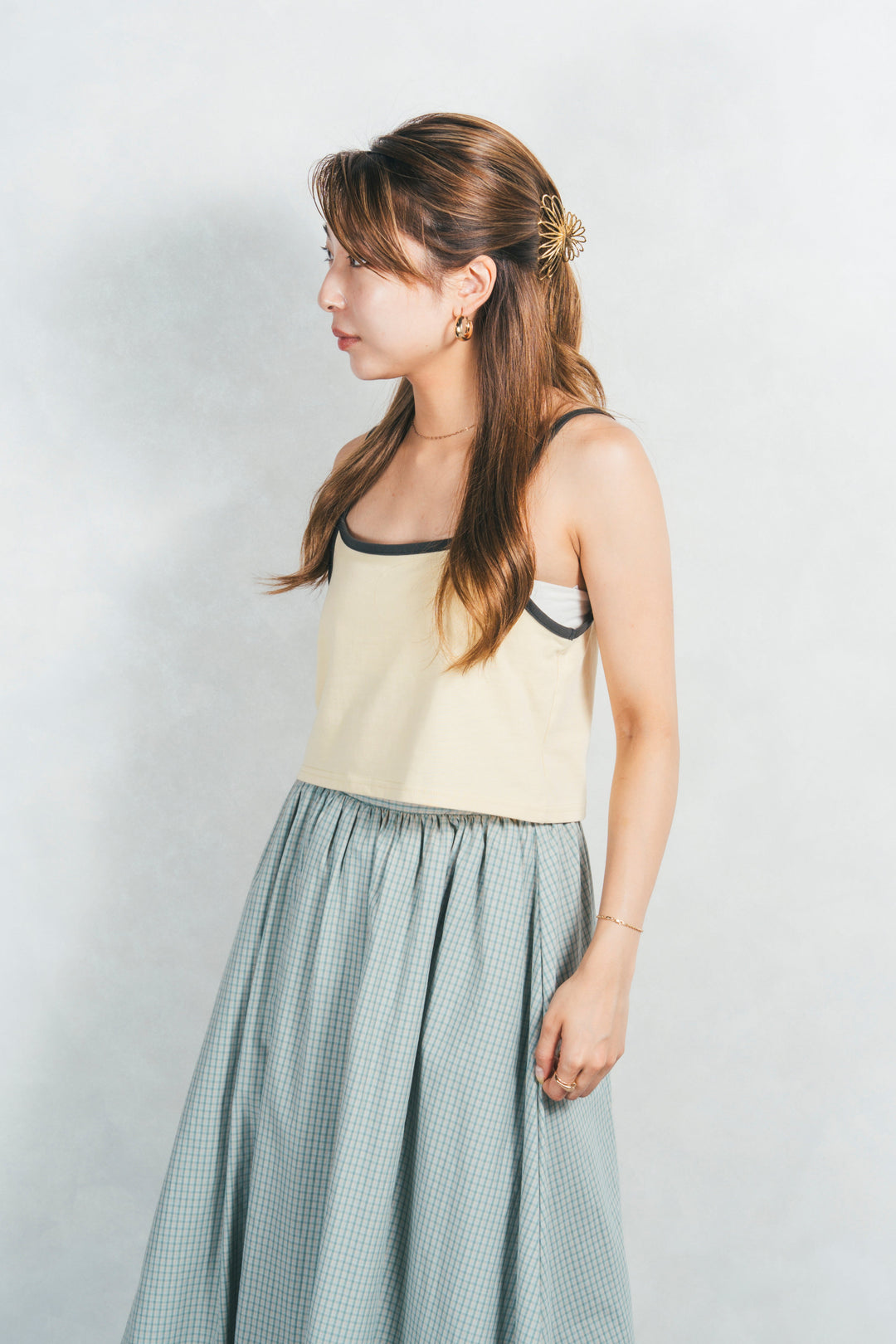 ［SET］キャミ付きリンガーTシャツ+チェックギャザーマキシスカート（2SET）