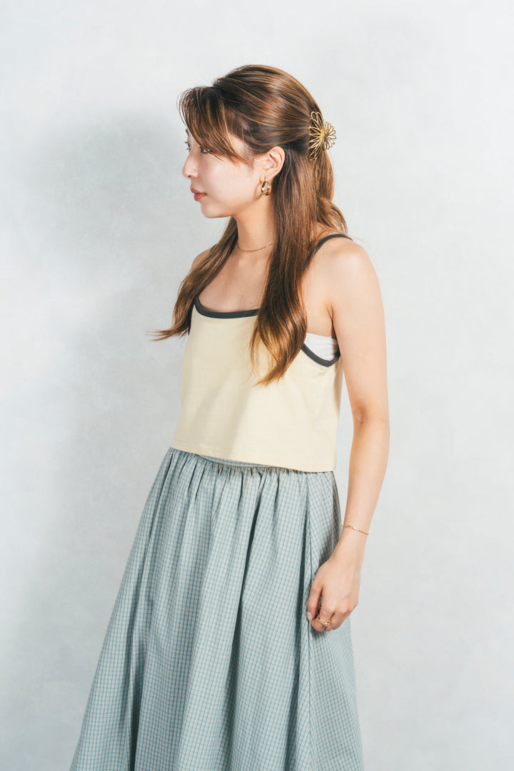［SET］キャミ付きリンガーTシャツ+チェックギャザーマキシスカート（2SET）
