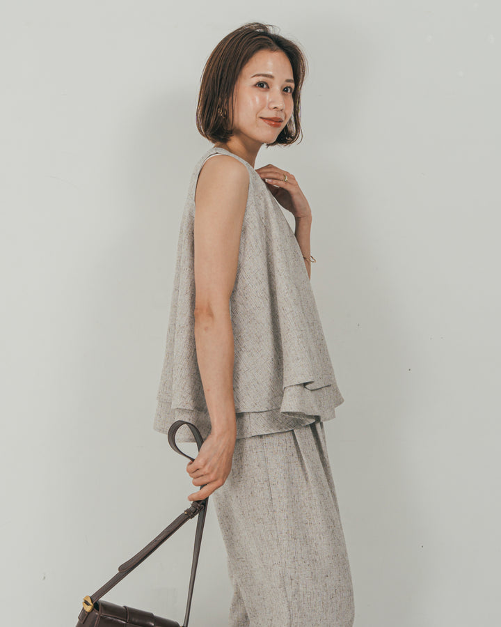 ［SET］Tweedノースリティアードタンクトップ + Tweedテイラードジレ + Tweedダブルタックパンツ（3SET）