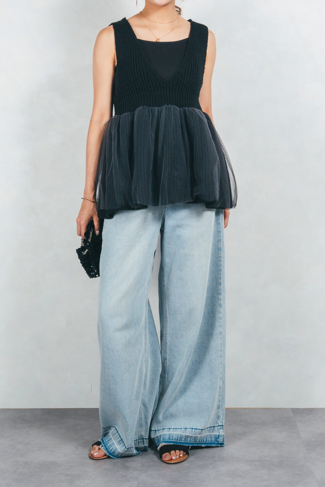 シーサイドチュールペプラムニットベスト (BLACK)