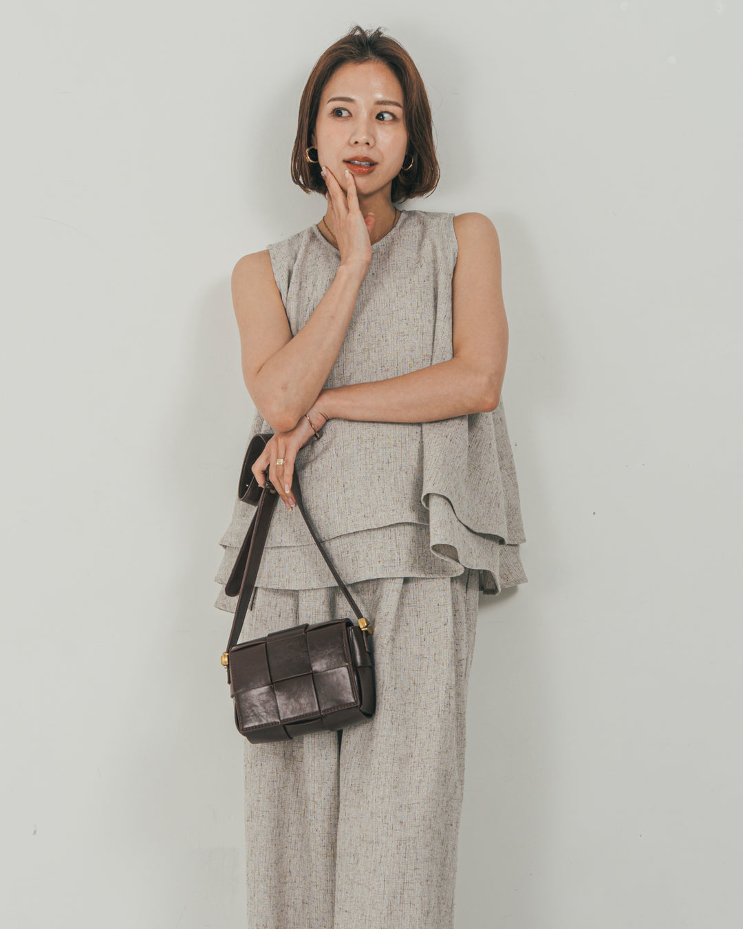 ［SET］Tweedノースリティアードタンクトップ + Tweedテイラードジレ + Tweedダブルタックパンツ（3SET）