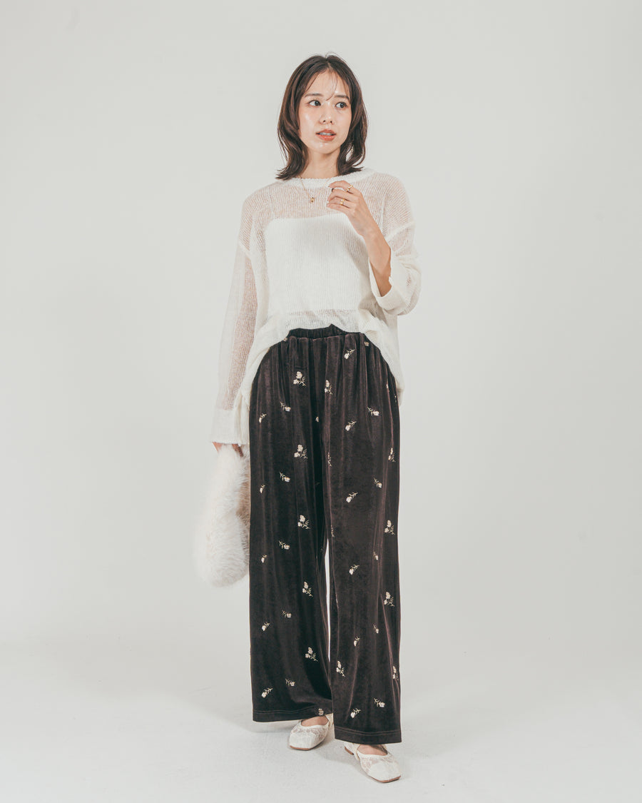 ［SET］モヘアTouchローゲージカラーニット + Flower刺繍 ベロアパンツ（2SET）