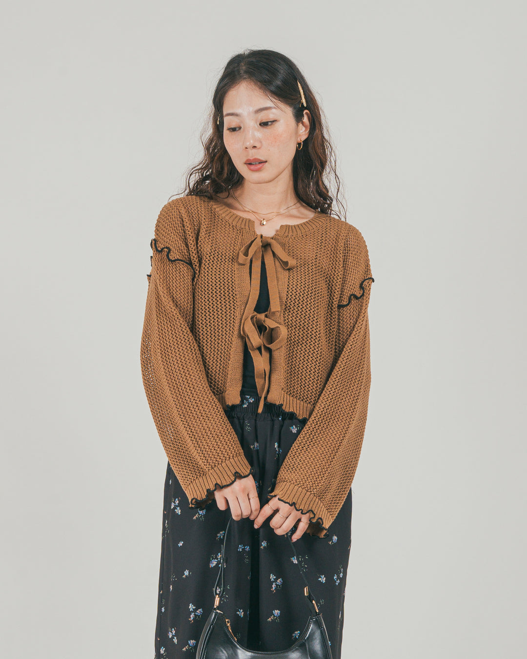 フロントリボン メッシュニットカーデ
