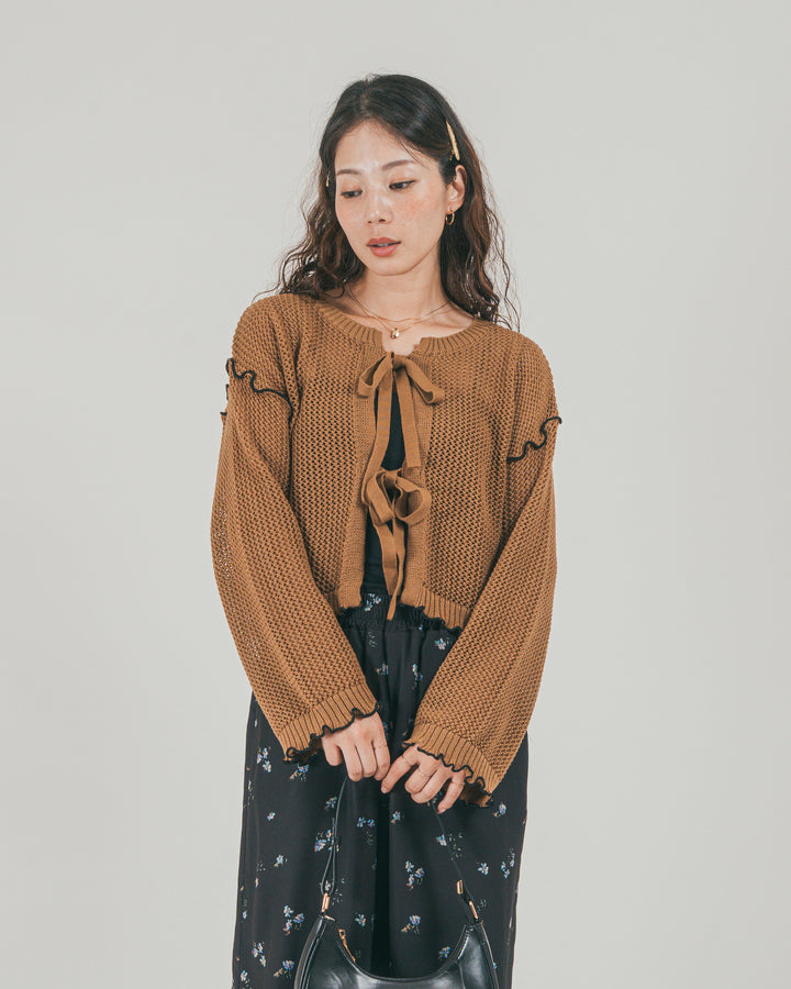 フロントリボン メッシュニットカーデ