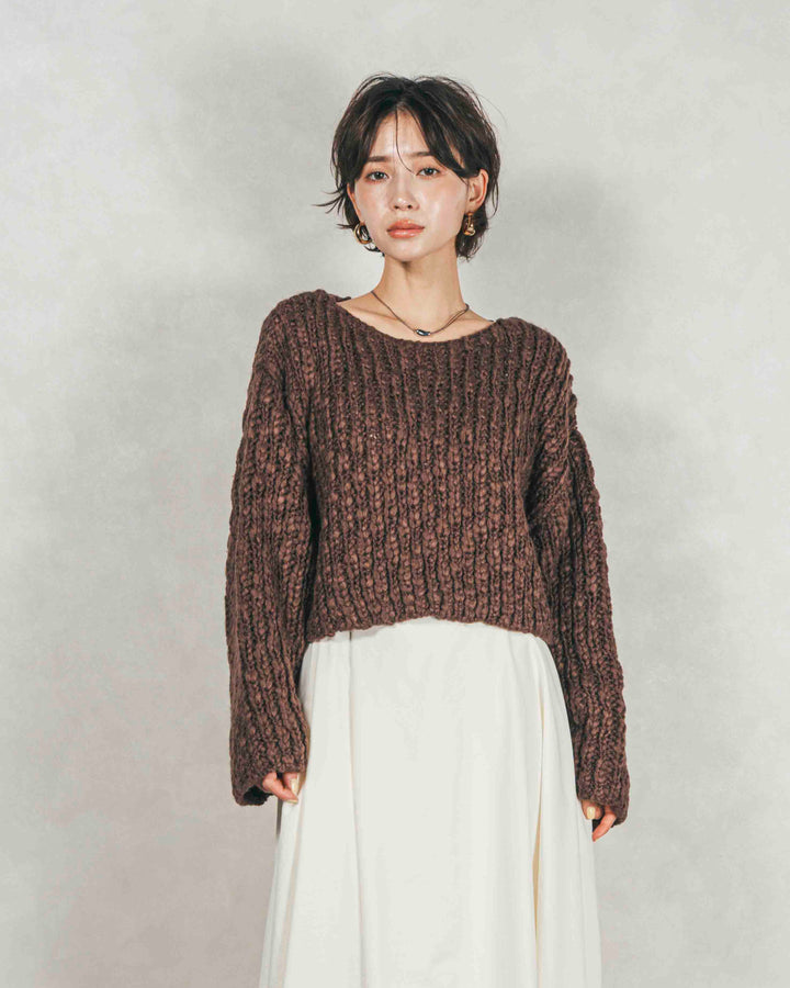 ［SET］ボリュームチャンキースラブ クロップドニット+アシメFlareタックスカート（2SET）