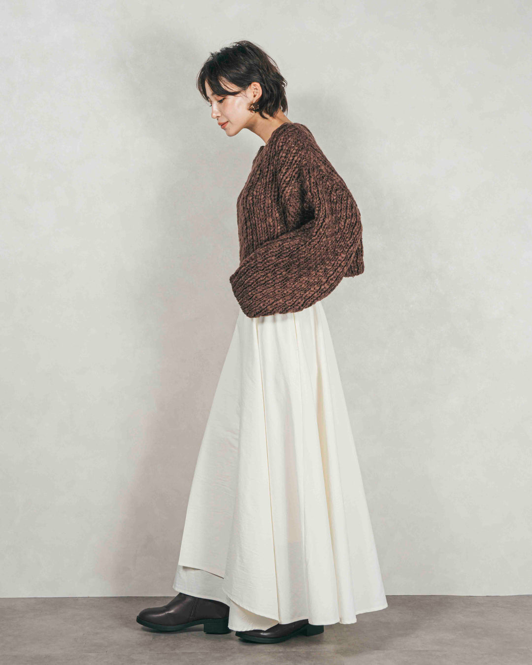 ［SET］ボリュームチャンキースラブ クロップドニット+アシメFlareタックスカート（2SET）