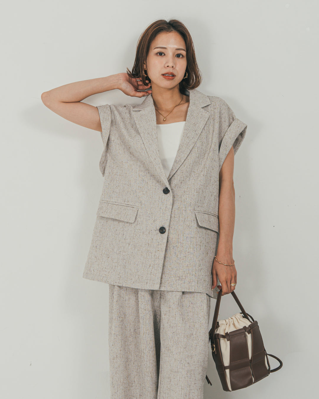 ［SET］Tweedノースリティアードタンクトップ + Tweedテイラードジレ + Tweedダブルタックパンツ（3SET）