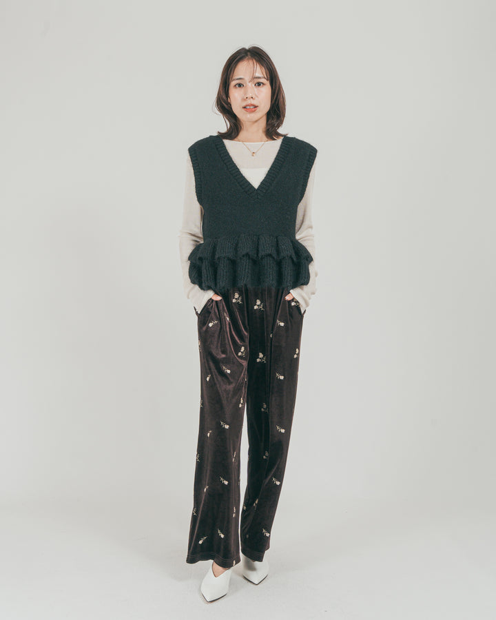 ［SET］2Way モヘアダブルFrillベスト + Flower刺繍 ベロアパンツ（2SET）
