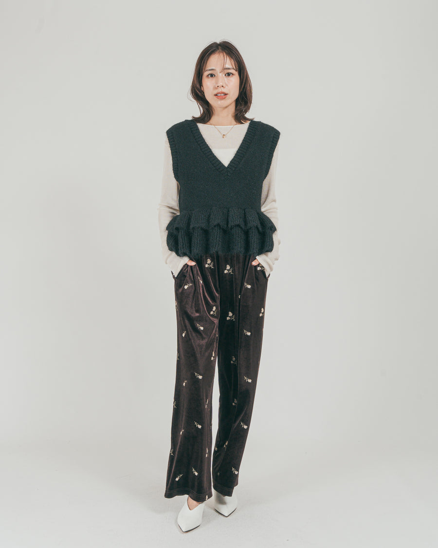 ［SET］2Way モヘアダブルFrillベスト + Flower刺繍 ベロアパンツ（2SET）