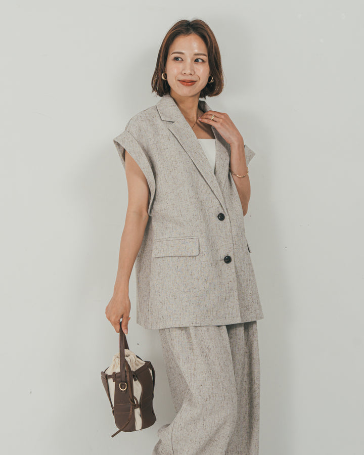 ［SET］Tweedノースリティアードタンクトップ + Tweedテイラードジレ + Tweedダブルタックパンツ（3SET）