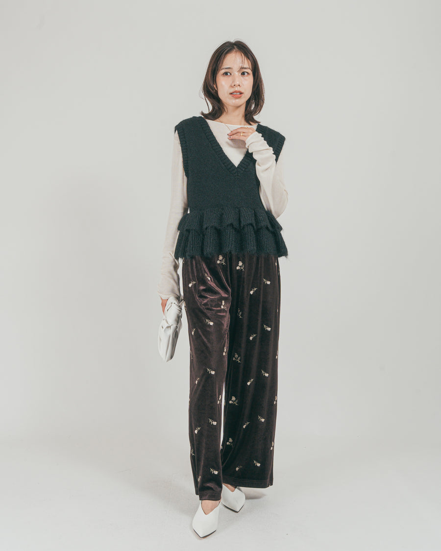 ［SET］2Way モヘアダブルFrillベスト + Flower刺繍 ベロアパンツ（2SET）