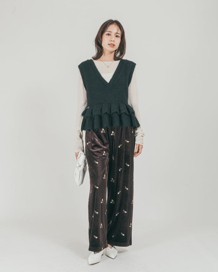 ［SET］2Way モヘアダブルFrillベスト + Flower刺繍 ベロアパンツ（2SET）