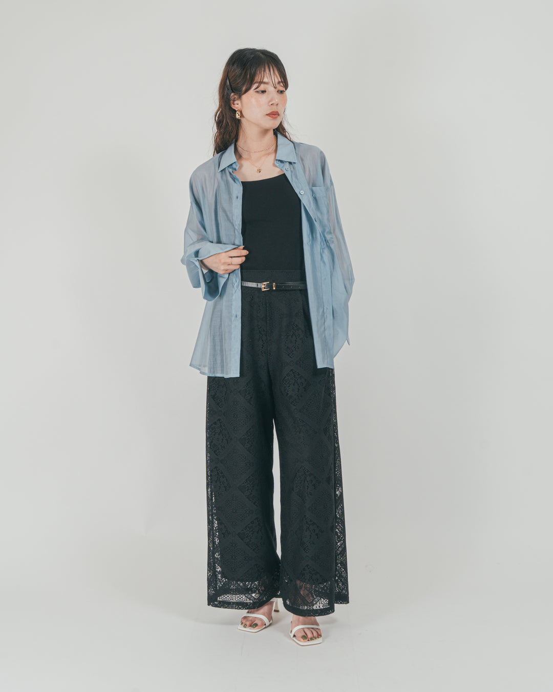 ［SET］Clear Sheer オーバーシャツ + Blockレース　ストレートパンツ（2SET）