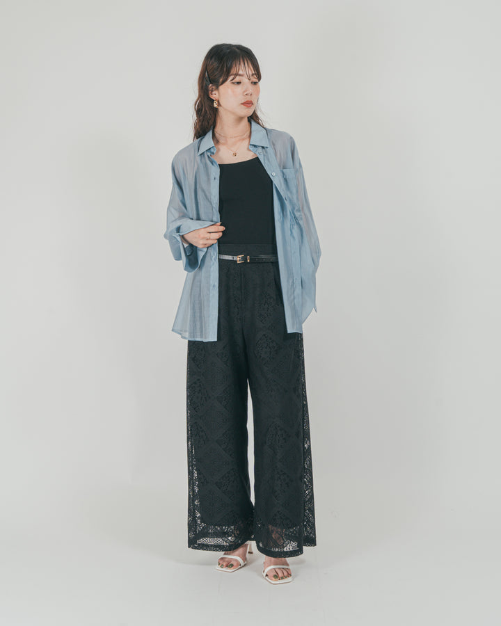 ［SET］Clear Sheer オーバーシャツ + Blockレース　ストレートパンツ（2SET）