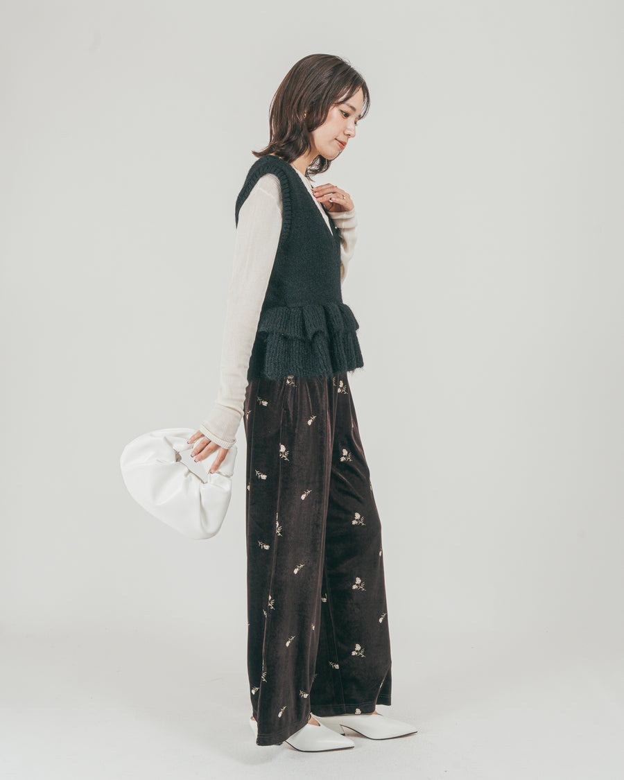 ［SET］2Way モヘアダブルFrillベスト + Flower刺繍 ベロアパンツ（2SET）