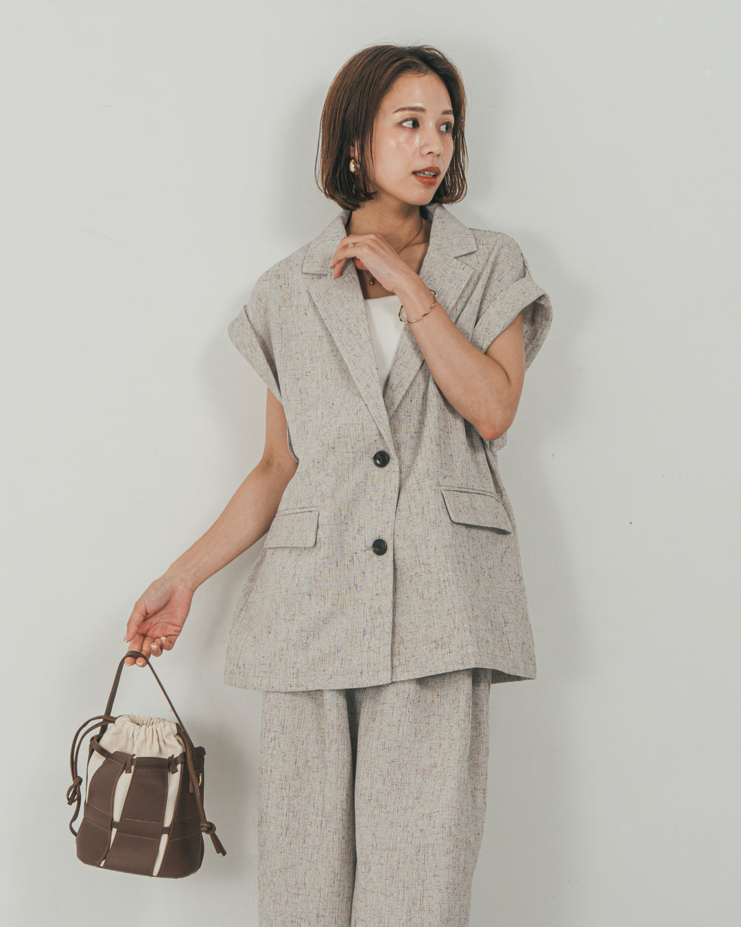 ［SET］Tweedノースリティアードタンクトップ + Tweedテイラードジレ + Tweedダブルタックパンツ（3SET）