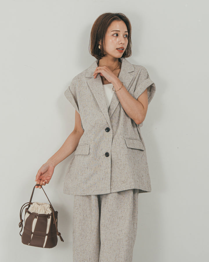 ［SET］Tweedノースリティアードタンクトップ + Tweedテイラードジレ + Tweedダブルタックパンツ（3SET）