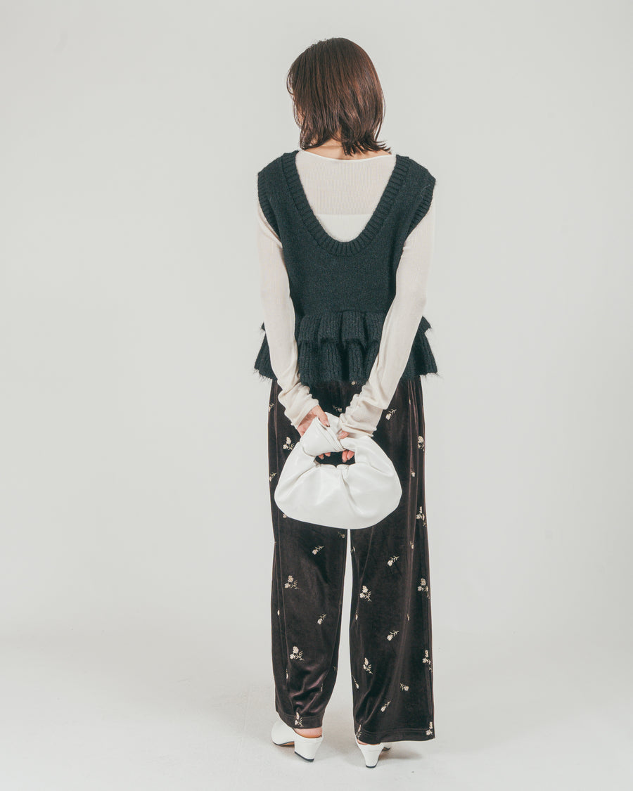 ［SET］2Way モヘアダブルFrillベスト + Flower刺繍 ベロアパンツ（2SET）