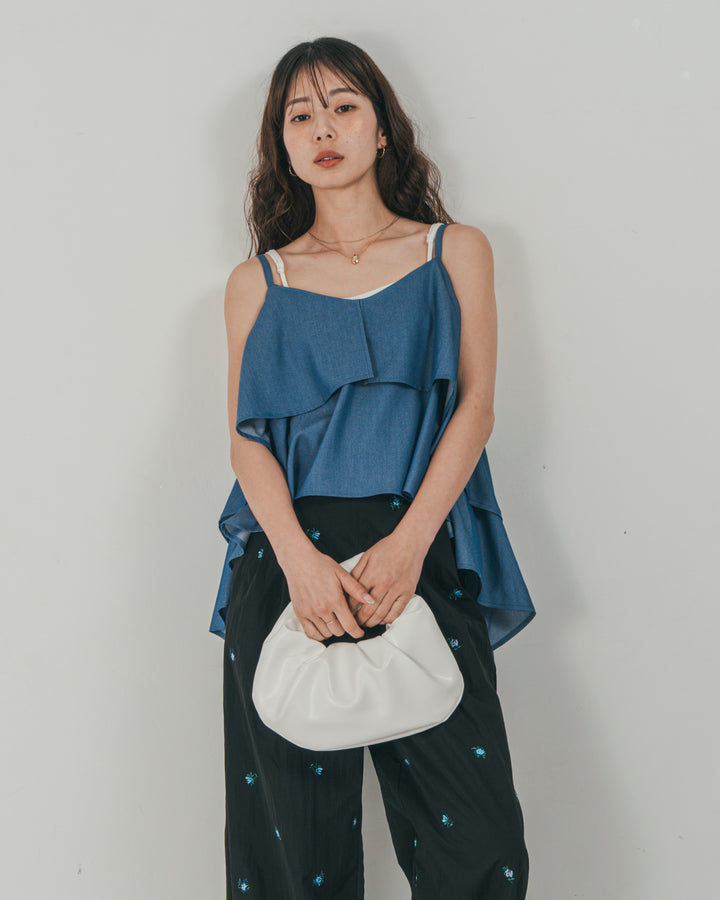 ［SET］デニムライク　ティアードキャミ + Flower刺繍　タックパンツ（2SET）