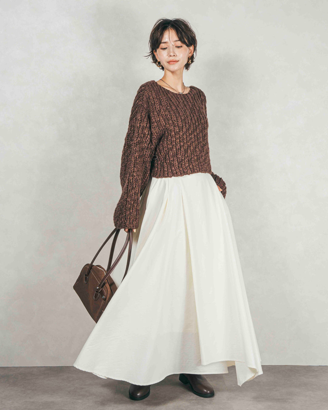 ［SET］ボリュームチャンキースラブ クロップドニット+アシメFlareタックスカート（2SET）