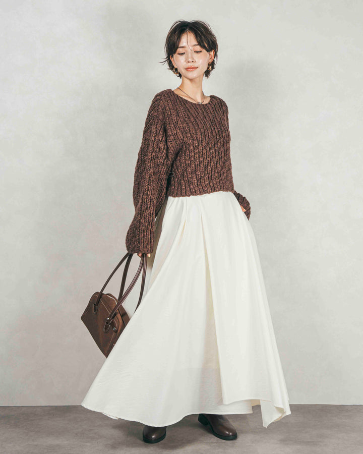 ［SET］ボリュームチャンキースラブ クロップドニット+アシメFlareタックスカート（2SET）