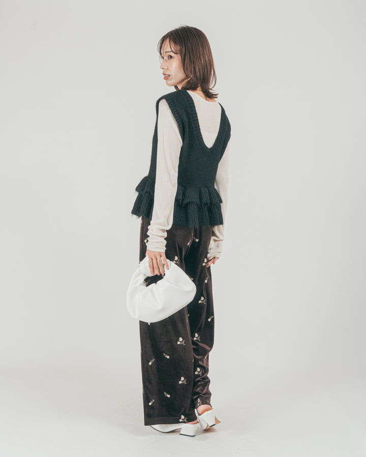 ［SET］2Way モヘアダブルFrillベスト + Flower刺繍 ベロアパンツ（2SET）