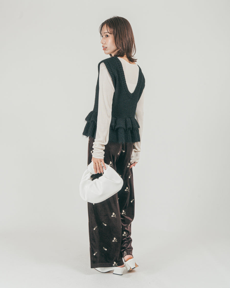 ［SET］2Way モヘアダブルFrillベスト + Flower刺繍 ベロアパンツ（2SET）