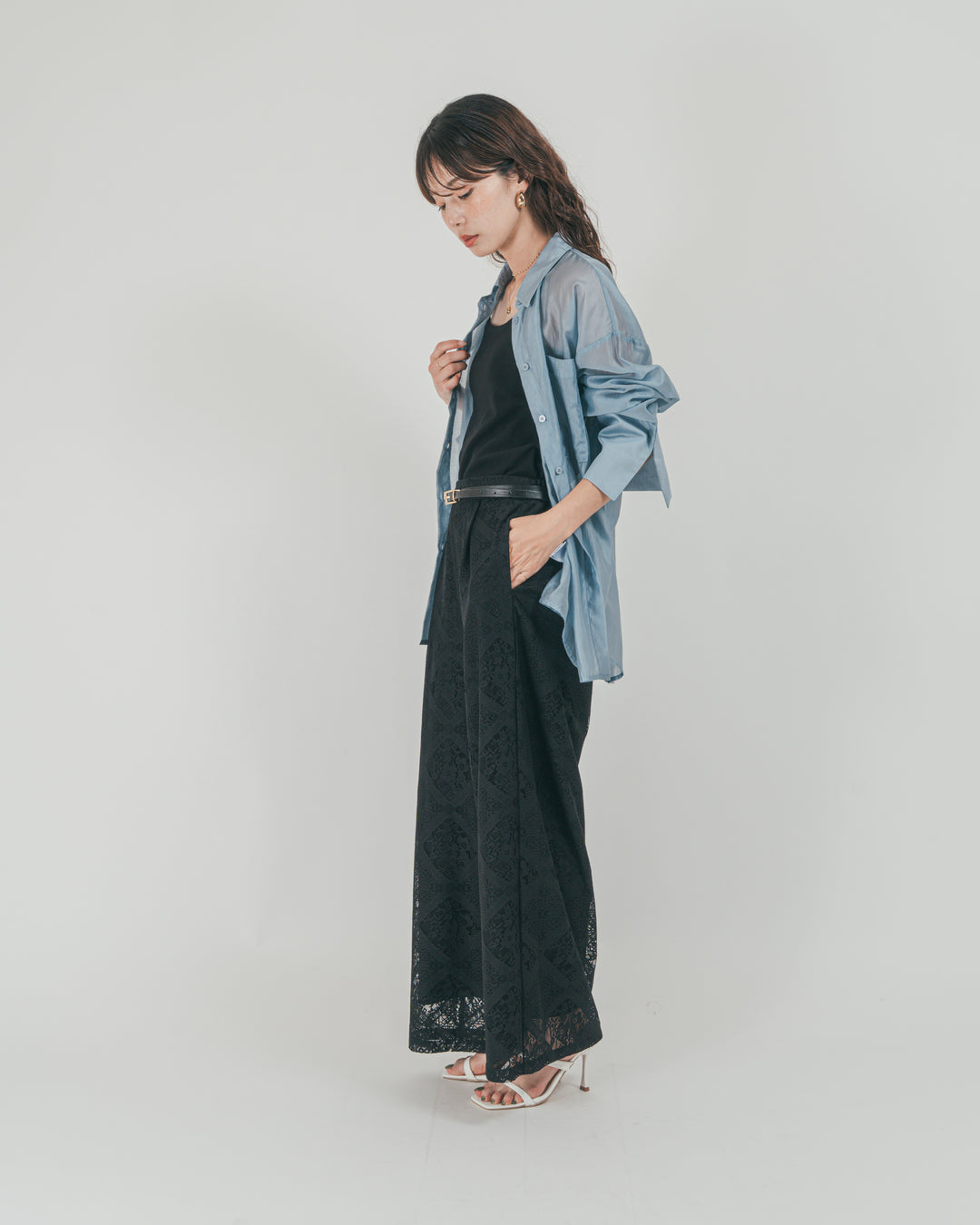 ［SET］Clear Sheer オーバーシャツ + Blockレース　ストレートパンツ（2SET）