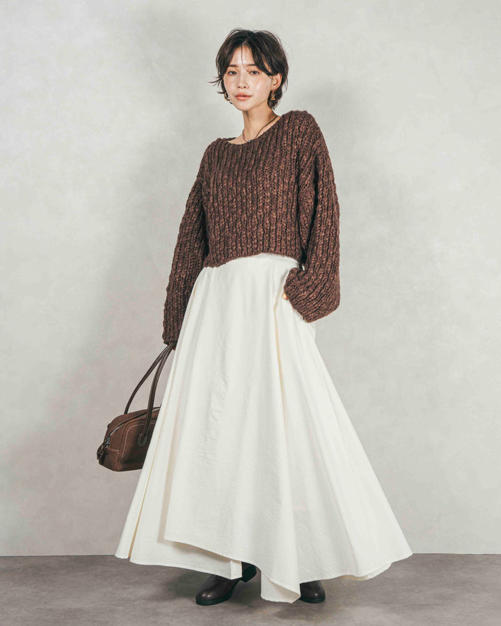 ［SET］ボリュームチャンキースラブ クロップドニット+アシメFlareタックスカート（2SET）