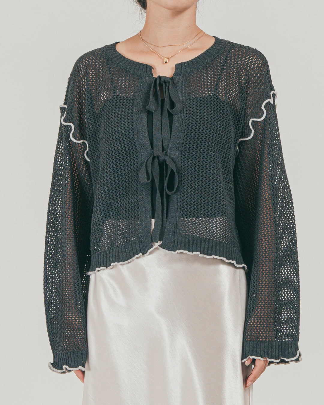 フロントリボン メッシュニットカーデ