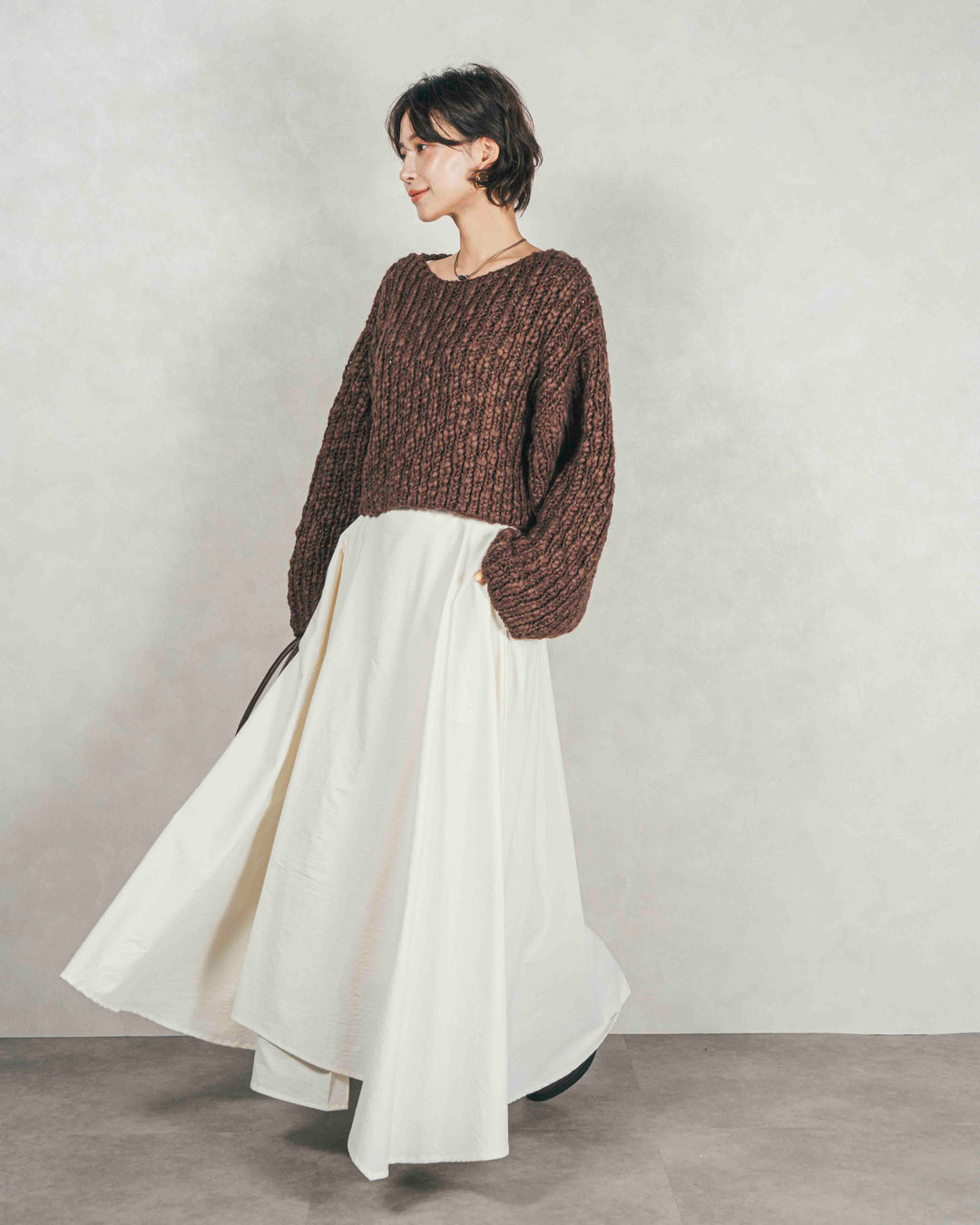 ［SET］ボリュームチャンキースラブ クロップドニット+アシメFlareタックスカート（2SET）